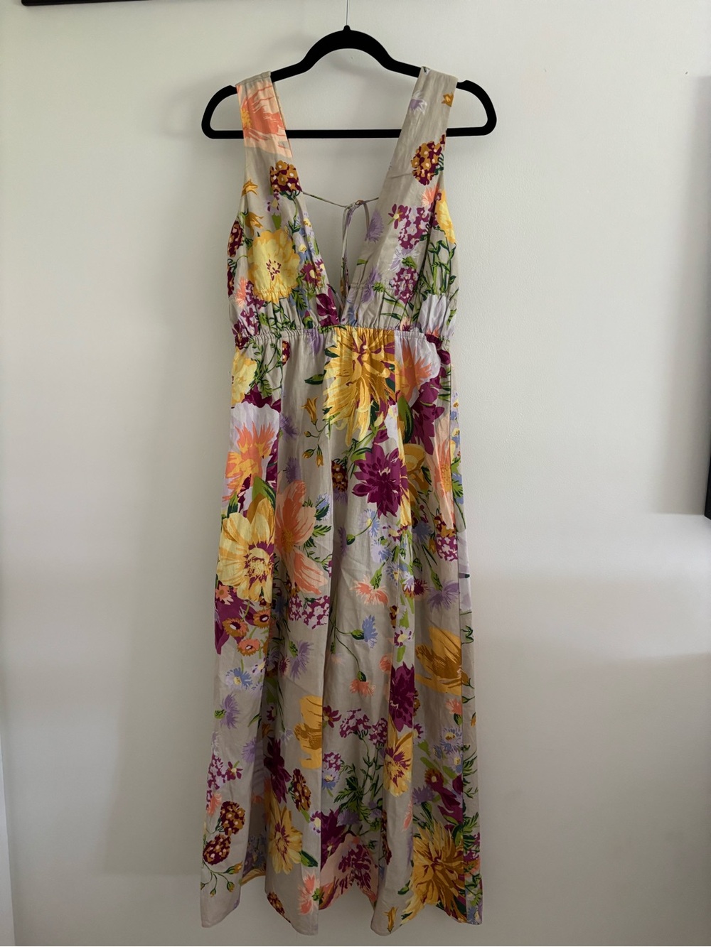 Linen Cotton Floral Dress in Light Gray with Yellow & Purple Flowers